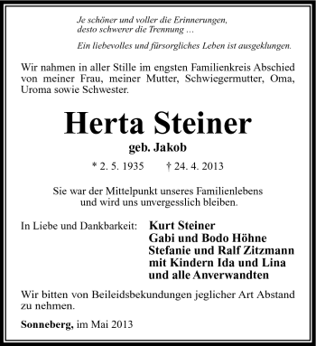 Traueranzeige von Herta Steiner von Südthüringer Presse