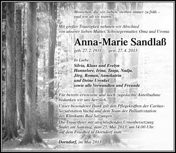 Traueranzeige von Anna-Marie Sandlaß von Südthüringer Presse