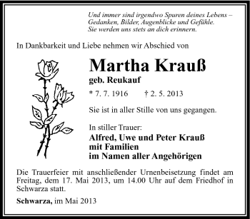 Traueranzeige von Martha Krauß von Südthüringer Presse