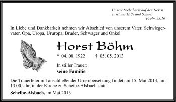 Traueranzeige von Horst Böhm von Südthüringer Presse