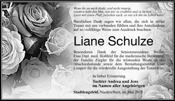 Traueranzeige von Liane Schulze von Südthüringer Presse