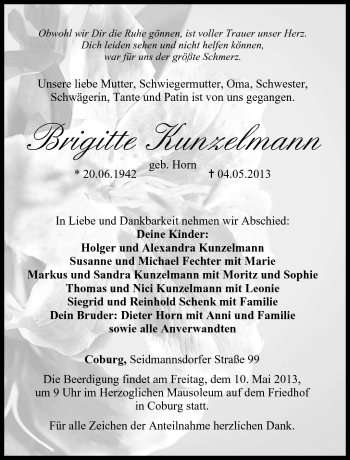 Traueranzeige von Brigitte Kunzelmann von Neue Presse Coburg