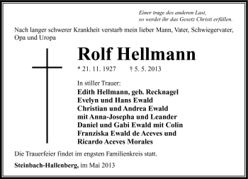 Traueranzeige von Rolf Hellmann von Südthüringer Presse