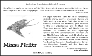 Traueranzeige von Minna Pfeffer von Südthüringer Presse