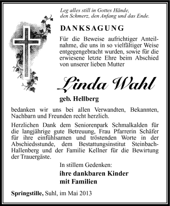 Traueranzeige von Linda Wahl von Südthüringer Presse