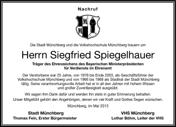 Traueranzeige von Siegfried Spiegelhauer von Frankenpost