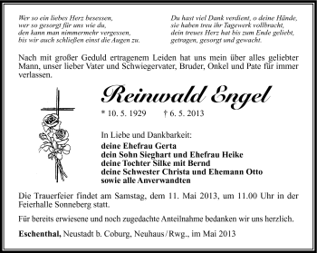 Traueranzeige von Reinwald Engel von Südthüringer Presse