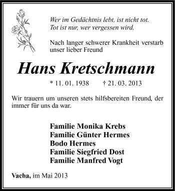 Traueranzeige von Hans Kretschmann von Südthüringer Presse
