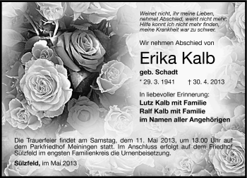 Traueranzeige von Erika Kalb von Südthüringer Presse