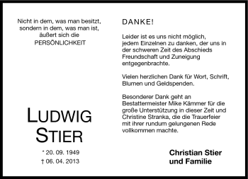 Traueranzeige von Ludwig Stier von Südthüringer Presse
