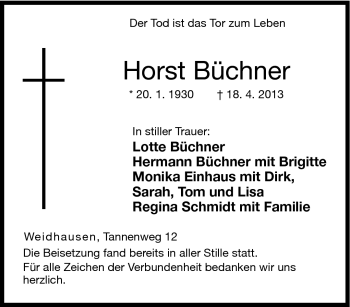 Traueranzeige von Horst Büchner von Neue Presse Coburg
