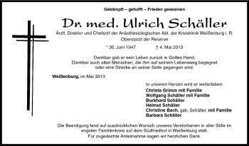 Traueranzeige von Ulrich Schäller von Frankenpost