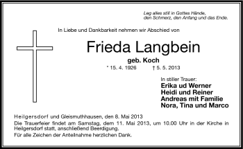 Traueranzeige von Frieda Langbein von Neue Presse Coburg
