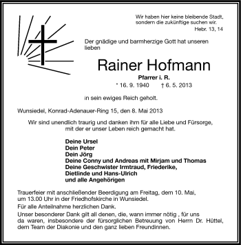 Traueranzeige von Rainer Hofmann von Frankenpost