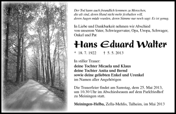 Traueranzeige von Hans Eduard Walter von Südthüringer Presse