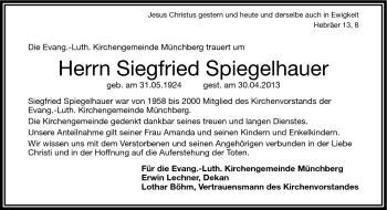 Traueranzeige von Siegfried Spiegelhauer von Frankenpost