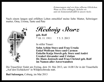 Traueranzeige von Hedwig Storz von Südthüringer Presse