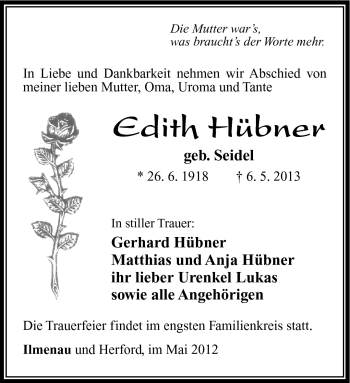 Traueranzeige von Edith Hübner von Südthüringer Presse