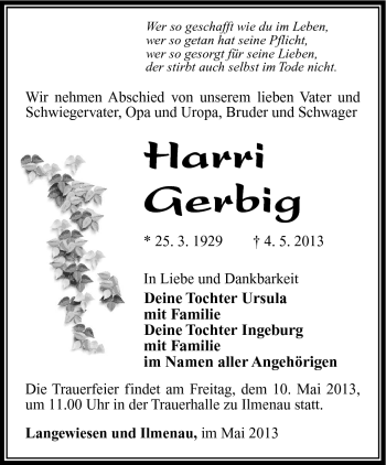 Traueranzeige von Harri Gerbig von Südthüringer Presse