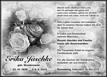 Traueranzeige von Erika Jäschke von Südthüringer Presse