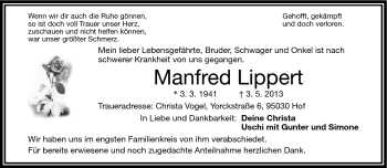 Traueranzeige von Manfred Lippert von Frankenpost