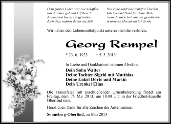 Traueranzeige von Georg Rempel von Südthüringer Presse