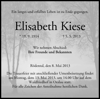 Traueranzeige von Elisabeth Kiese von Neue Presse Coburg