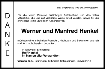 Traueranzeige von Werner und Manfred Henkel von Südthüringer Presse