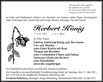 Traueranzeige von Herbert König von Südthüringer Presse