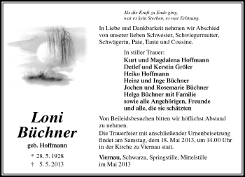 Traueranzeige von Loni Büchner von Südthüringer Presse