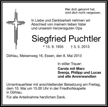 Traueranzeige von Siegfried Puchtler von Frankenpost