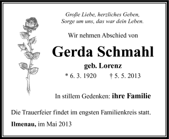 Traueranzeige von Gerda Schmahl von Südthüringer Presse