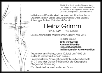 Traueranzeige von Heinz Grimm von Frankenpost