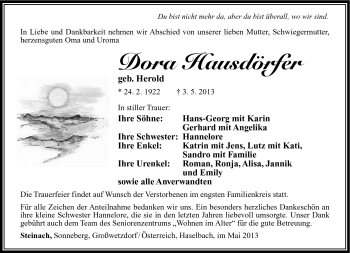 Traueranzeige von Dora Hausdörfer von Südthüringer Presse