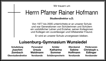 Traueranzeige von Rainer Hofmann von Frankenpost