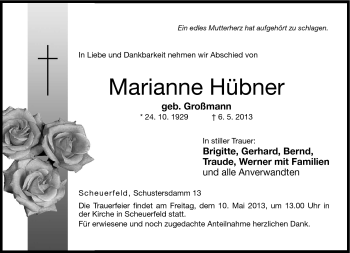 Traueranzeige von Marianne Hübner von Neue Presse Coburg