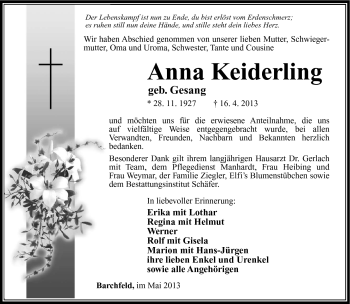 Traueranzeige von Anna Keiderling von Südthüringer Presse