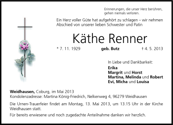 Traueranzeige von Käthe Renner von Neue Presse Coburg