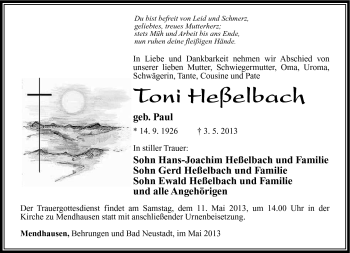 Traueranzeige von Toni Heßelbach von Südthüringer Presse
