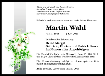 Traueranzeige von Martin Wahl von Südthüringer Presse
