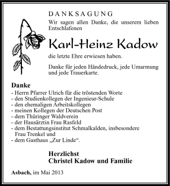 Traueranzeige von Karl-Heinz Kadow von Südthüringer Presse