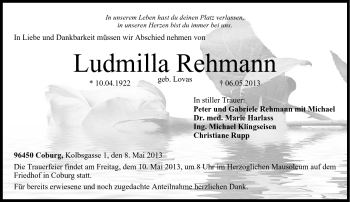 Traueranzeige von Ludmilla Rehmann von Neue Presse Coburg