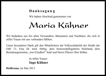 Traueranzeige von Maria Kühner von Südthüringer Presse