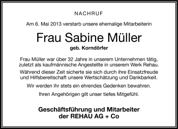 Traueranzeige von Sabine Müller von Frankenpost