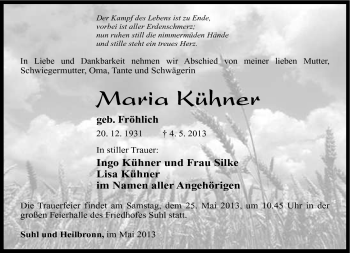 Traueranzeige von Maria Kühner von Südthüringer Presse