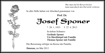 Traueranzeige von Josef Sponer von Südthüringer Presse