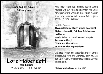 Traueranzeige von Lore Haberzettl von Südthüringer Presse