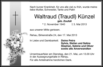 Traueranzeige von Waltraud Künzel von Frankenpost