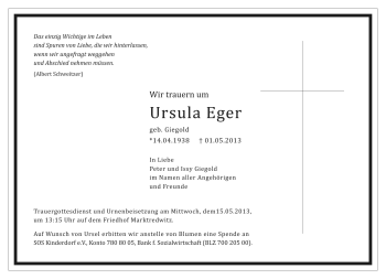 Traueranzeige von Ursula Eger von Frankenpost