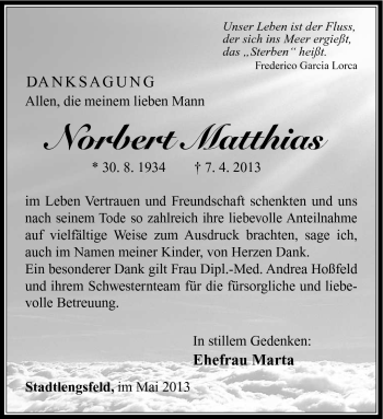 Traueranzeige von Norbert Matthias von Südthüringer Presse